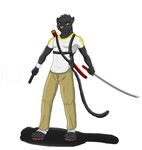  black black_panther clothing feline fur gun male mammal no_background panther plain_background ranged_weapon simple_background solo sword weapon white_background yellow_eyes 