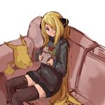  blonde_hair blue_eyes book character_doll couch dress gen_1_pokemon gift hair_ornament hair_over_one_eye long_hair panties_(pantsu-pirate) pikachu pokemon pokemon_(creature) pokemon_(game) shirona_(pokemon) smile sweater sweater_dress thighhighs turtleneck very_long_hair zettai_ryouiki 