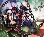  armpits black_gold_saw black_hair black_rock_shooter chain highres horns huge_weapon imminent_rape king_saw long_hair multiple_girls navel open_clothes panties panty_pull red_eyes reflection short_hair shorts smile st.microscope strength_(black_rock_shooter) striped striped_panties thighhighs underwear weapon white_hair yellow_eyes yuri 
