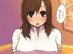  :o bangs blouse blush breasts brown_hair buttons eyebrows_visible_through_hair indoors kaqo looking_at_viewer medium_breasts open_mouth original painting_(object) picture_frame short_sleeves solo speech_bubble swept_bangs tareme translated unbuttoned upper_body white_blouse 