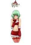  1girl blown_kiss blush breasts christmas cleavage fuu_(naruto) garter_belt gloves green_hair hair_ornament hairclip looking_at_viewer mew-ninjin midriff mistletoe naruto naruto_shippuuden navel orange_eyes skirt snow solo standing thighhighs transparent_background 