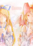  bat_wings blonde_hair demon demoon disgaea fallen_angel female hair hair_bow long_blonde_hair long_hair looking_at_viewer playful pokkari-hana praying smile wings 