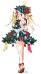  ankle_ribbon arm_ribbon bell blonde_hair bow braid christmas christmas_ornaments christmas_stocking christmas_tree christmas_tree_costume copyright_name copyright_request gift gloves green_eyes high_heels kneepits looking_back ornament ribbon sandals shoes solo star twintails watermark web_address white_gloves yoshizaki_mine 