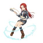  1girl black_legwear boots brown_footwear dress floating_hair full_body grey_dress holding kneehighs long_hair long_sleeves looking_at_viewer pleated_dress red_eyes red_hair short_dress simple_background smile solo sword_art_online sword_art_online:_code_register tiese_schtrinen uniform very_long_hair white_background 