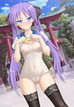  ass_visible_through_thighs black_legwear blue_eyes blush breasts clitoris cloud collarbone colored_pubic_hair covered_nipples day embarrassed ffyak frown groin hair_ribbon highres hiiragi_kagami hips long_hair lucky_star medium_breasts navel nipples one-piece_swimsuit outdoors pubic_hair purple_hair pussy ribbon ryouou_school_uniform school_swimsuit school_uniform see-through serafuku shirt_lift sky solo swimsuit tears thighhighs torii tsurime twintails uncensored white_school_swimsuit white_swimsuit yellow_neckwear 
