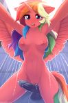  2018 anthro areola breasts digital_media_(artwork) dildo equine fan_character feathered_wings feathers female fensu-san hair hi_res horn long_hair mammal multicolored_hair my_little_pony nipples nude pussy rainbow_hair sex_toy shower tongue wet winged_unicorn wings 