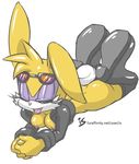  breasts bunnie_rabbot buns_rabbot butt clasped_hands clothing cyborg eyewear female glasses green_eyes hair is is_(artist) jacket lagomorph legs_up looking_at_viewer mammal nipples on_stomach open_mouth rabbit sega smile solo sonic_(series) sonic_team sunglasses thigh_boots tongue yellow_skin 