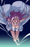  bad_id bad_pixiv_id bandages blue_eyes breasts cleavage dress evening_gown large_breasts mayumio one-eyed original purple_hair solo surreal unraveling 