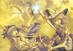  book broom broom_riding chiki_(botsugo) floating hair_ribbon hand_on_own_chest hat kirisame_marisa long_hair magic monochrome multiple_girls patchouli_knowledge ribbon sky touhou witch witch_hat yellow 
