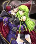  1girl akino_shin ass bangs bare_shoulders black_hair c.c. cape code_geass gloves green_hair hug lelouch_lamperouge long_hair purple_eyes thighhighs yellow_eyes 