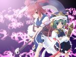  blue_eyes blush bow bracelet crossed_arms flower green_hair grin hair_bobbles hair_ornament hat japanese_clothes jewelry multiple_girls onozuka_komachi red_eyes red_hair ribbon rod_of_remorse scythe shiki_eiki short_hair skirt smile spider_lily sunlight touhou two_side_up wapokichi 