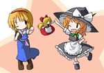  ;d alice_margatroid apron blonde_hair blue_dress blush braid capelet doll dress flying frills full_body hat head_tilt kirisame_marisa long_hair looking_to_the_side multiple_girls neki-t one_eye_closed open_mouth orange_hair outstretched_arm puffy_short_sleeves puffy_sleeves short_hair short_sleeves single_braid size_difference smile standing touhou waist_apron witch_hat 