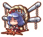  blue_hair brooch chibi dress full_body gem hair_ornament jewelry leaf_hair_ornament pillar puffy_short_sleeves puffy_sleeves red_dress red_eyes rock rope short_hair short_sleeves simple_background sitting solo tonbery touhou white_background yasaka_kanako 