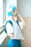  arm_sling ayanami_rei blue_hair cosplay eyepatch highres neon_genesis_evangelion photo red_eyes school_uniform serafuku 