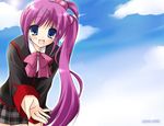  blue_eyes blush bow cloud day hair_bobbles hair_ornament hairclip hands hayashi_sakura little_busters! long_hair outstretched_arm outstretched_hand pink_bow plaid plaid_skirt purple_hair reaching saigusa_haruka school_uniform side_ponytail skirt sky solo 