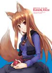  animal_ears apple food fruit holding holding_food holding_fruit holo long_hair minamino_kanata solo spice_and_wolf tail wolf_ears 