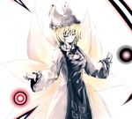  animal_ears blonde_hair fox_tail hat long_sleeves looking_at_viewer multiple_tails pillow_hat short_hair simple_background solo standing suisa tabard tail tassel touhou white_background wide_sleeves yakumo_ran 