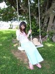  dress hat highres lawn long_dress photo sandals smile straw_hat swing tree 