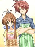  1girl :d antenna_hair apron asymmetrical_hair brown_hair clannad closed_mouth collarbone collared_shirt cookie crossed_arms expressionless food furukawa_akio furukawa_sanae looking_at_viewer open_mouth red_hair shirt smile tray twintails yellow_eyes 