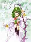  90s absurdres dress fantasy glasses green_background green_hair hair_over_shoulder highres inomata_mutsumi marker_(medium) official_art philia_felice priestess robe round_eyewear scan signature tales_of_(series) tales_of_destiny traditional_media tree white_dress 