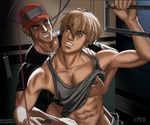  2boys abs baseball_cap black_shirt blonde_hair bottomless bracelet brown_hair captain_matthews character_request from_behind grey_eyes hat jewelry male male_focus multiple_boys muscle necklace pants_down reach-around reach_around sex shirt shirt_lift standing sweat tank_top tony undressing xenosaga yaoi yuriev_dmitri 