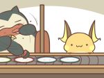  2018 duo food nintendo pok&eacute;mon pok&eacute;mon_(species) raichu rairai-no26-chu snorlax sushi video_games 