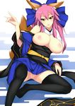  animal_ears bare_shoulders big_breasts black_legwear bow breasts caster caster_(fate/extra) cleavage clothed clothing dean_(artist) detached_sleeves fate/extra fate/stay_night fate_(series) female fox_ears fox_tail hair hair_bow hair_ribbon hi_res human japanese_clothing legwear long_legs looking_at_viewer mammal nipples off_shoulder pink_hair pussy pussy_juice ribbons sitting smile solo spread_legs spreading twintails yellow_eyes 