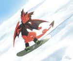  2018 4_fingers ailuranthropy detailed_background digital_media_(artwork) dragon fur furred_dragon membranous_wings red_fur smile snow snowboard solo standing wings 