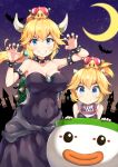  absurdres bangs bare_shoulders bat bib black_dress black_nails blonde_hair blush bowsette bowsette_jr. bracelet breasts brooch claw_pose cleavage collar collarbone covered_navel crescent_moon crown dress earrings eyebrows_visible_through_hair fang_out fingernails forked_eyebrows grin hair_between_eyes halloween hands_up highres horns jewelry koopa_clown_car large_breasts long_hair looking_at_viewer mario_(series) medium_breasts miyabi_(miyabeeya) moon mother_and_daughter multiple_girls nail_polish new_super_mario_bros._u_deluxe night night_sky ponytail sharp_fingernails sharp_teeth sky smile spiked_armlet spiked_bracelet spiked_collar spiked_shell spikes star_(sky) starry_moon starry_sky strapless strapless_dress teeth thick_eyebrows turtle_shell v-shaped_eyebrows 