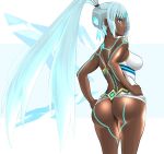  ass back blue_eyes blue_hair breasts dark_skin dolling60883582 from_behind long_hair one-piece_swimsuit ponytail simple_background solo swimsuit tokiha_(xenoblade) white_hair xenoblade_(series) xenoblade_2 
