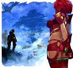  1girl armor ass bangs earrings fingerless_gloves gloves headpiece homura_(xenoblade_2) jewelry red_eyes red_hair red_shorts rex_(xenoblade_2) short_hair shorts shoulder_armor shrimqsleeq sky swept_bangs sword tiara weapon xenoblade_(series) xenoblade_2 