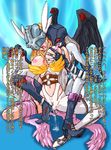  2girls angewomon big_breasts blonde_hair breast_grab breast_lick breasts claws digimon female forced grabbing grey_hair helmet japanese_text ladydevimon licking long_hair mask multiple_girls nipple_licking nipples orgasm rape red_eyes text tongue translation_request wings yuri 