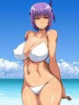  ayane_(doa) bikini breasts cleavage cloud covered_nipples day dead_or_alive enoshima_iki highres huge_breasts navel ocean purple_hair shiny shiny_skin short_hair sky solo sweat swimsuit tan water waves wet 