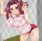  bad_id bad_pixiv_id breasts brown_eyes covered_nipples fence izayoi_aki kitsune-tsuki_(getter) large_breasts leaning_forward open_mouth red_hair solo yuu-gi-ou yuu-gi-ou_5d's 