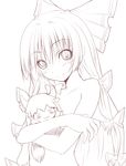  blush bow doll fujiwara_no_mokou hair_bow hair_ribbon hug kamishirasawa_keine long_hair monochrome nirap nude ribbon smile solo stuffed_toy touhou upper_body very_long_hair 