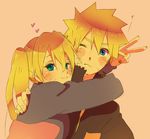  1boy 1girl blonde_hair blue_eyes blush_stickers dual_persona facial_mark genderswap heart hug long_hair nail_polish naruko naruto smile twintails uzumaki_naruto v wink yuhka 