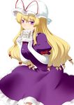  blonde_hair dress elbow_gloves gloves hair_ribbon hat hat_ribbon hota long_hair picture_(object) purple_dress purple_eyes ribbon smile solo torii touhou white_gloves yakumo_yukari 