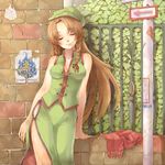  1girl alternate_hair_color braid breasts brown_hair china_dress chinese_clothes cleavage dress eyes_closed female hat highres hong_meiling long_hair pole poster ribbon rojiko scarf solo star touhou twin_braids wall 