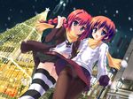  arm_around_shoulder black_legwear blue_eyes braid brown_hair christmas_tree kouzuki_hajime long_hair lyrical_nanoha mahou_shoujo_lyrical_nanoha mahou_shoujo_lyrical_nanoha_a's multiple_girls panties panties_under_pantyhose pantyhose red_hair scarf shared_scarf skirt snow star striped striped_legwear sweater thighband_pantyhose thighhighs tree twin_braids twintails underwear upskirt vita white_panties yagami_hayate 