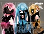  aqua_eyes aqua_hair blonde_hair hair_ornament hair_ribbon hairclip hatsune_miku kagamine_rin koniro long_hair megurine_luka multiple_girls pink_hair respirator ribbon short_hair twintails vocaloid 