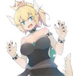  armlet bangs bare_shoulders black_collar black_dress black_nails blonde_hair blue_eyes bowsette bracelet breasts brooch claw_pose cleavage collar collarbone commentary crown dress english_commentary eyebrows_visible_through_hair fang fingernails hands_up highres horns jewelry large_breasts long_hair mario_(series) mzrz nail_polish new_super_mario_bros._u_deluxe ponytail princess sapphire_(stone) sidelocks skindentation solo spiked_armlet spiked_bracelet spiked_collar spiked_shell spiked_tail spikes standing strapless super_crown tail 