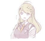  akamatsu_kaede blonde_hair breasts danganronpa highres long_hair medium_breasts new_danganronpa_v3 open_eyes open_mouth ottermochi purple_eyes purple_sweatshirt red_neckwear shirt triangle white_background white_shirt 