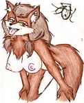  2012 anthro areola big_breasts big_nipples breasts brown_eyes canine chest_tuft cleavage clothed clothing female fur hanging_breasts mammal mane nipples plain_background presenting side_boob solo teeth tongue tuft video_games warcraft were werewolf white_background wolflance worgen world_of_warcraft 