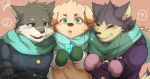  anthro blush canine chain clothed clothing cusith dog earbuds garmr headphones kemono male mammal moritaka open_mouth portable_music_player scar scarf slightly_chubby smile tach8 tokyo_afterschool_summoners wolf 