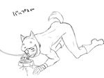  anal anal_insertion anal_object_insertion animal_ears bowl collar cum dog_ears dogboy fallout fallout_new_vegas leash male male_focus monochrome nude object_insertion outline tail vulpes_inculta yaoi 