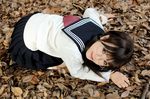  cosplay final_approach footwear glasses kipi-san leaf leaves masuda_shizuka photo sailor sailor_uniform school_uniform serafuku socks twintails 