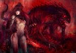  blood breasts contrapposto covered_nipples deep_wound demon guro high_ponytail injury intestines kazeco knife medium_breasts monster navel one_eye_covered original parted_lips ponytail red red_eyes red_hair sarashi skeleton standing 