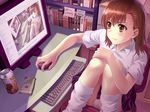  blush brown_eyes brown_hair computer danbooru_(site) english highres leg_warmers meta misaka_mikoto misakamitoko0903 monitor mouse panties pantyshot pantyshot_(sitting) profanity recursion short_hair sitting solo to_aru_kagaku_no_railgun to_aru_majutsu_no_index underwear 