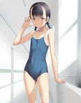  bare_shoulders black_hair blue_eyes braid cameltoe collarbone flat_chest glasses long_hair looking_at_viewer one-piece_swimsuit original school_swimsuit sody solo standing swimsuit twin_braids waving 