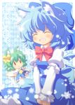  animal_ears ascot blue_dress blue_hair blush bow cat_ears chibi cirno closed_eyes daiyousei dress fang green_hair hair_bow highres kemonomimi_mode minigirl multiple_girls nullpooo open_mouth shirt short_hair smile touhou v_arms wings |_| 